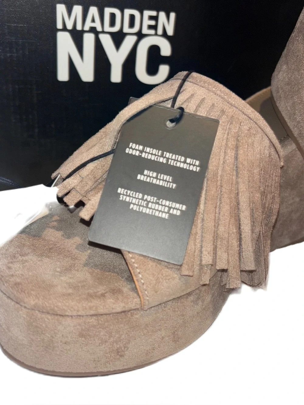 Madden NYC Fringe Wedge Slide Sandals Taupe Faux Suede Platform Size 9 NWT